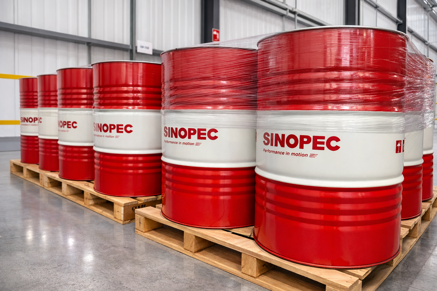 Red and white Sinopec barrels on wooden pallets in a warehouse.